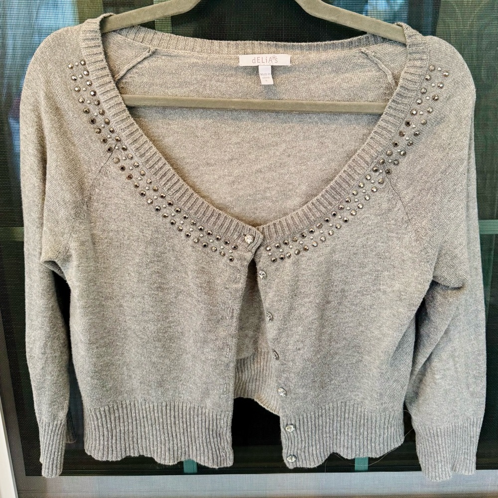 dELiA*s Heather Gray Gem Scoop Neck Cardigan